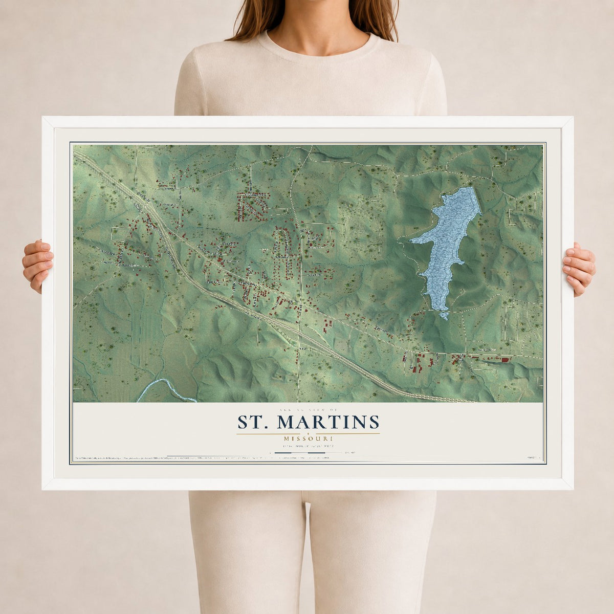 Map of St. Martins, Missouri, 24 x 36 inch print in a white wood frame