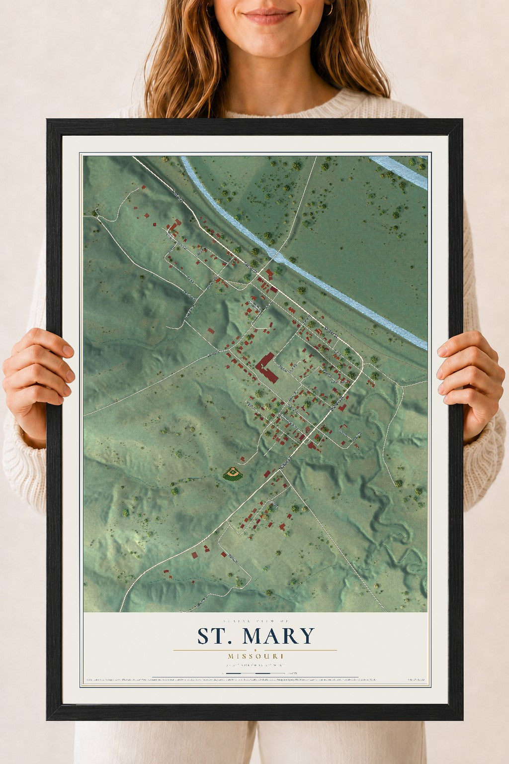 Map of St. Mary, Missouri, 18 x 24 inch print in a black wood frame