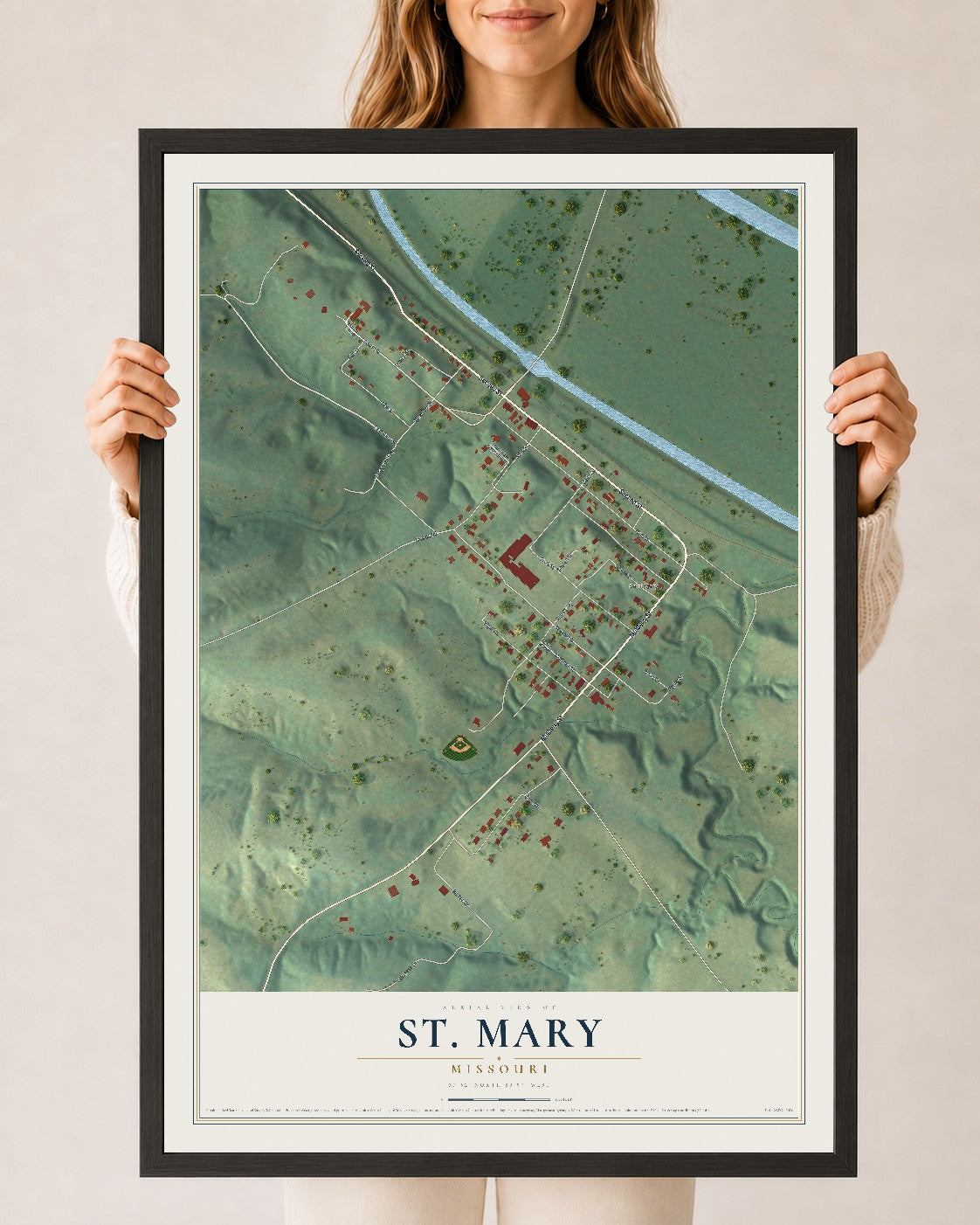 Map of St. Mary, Missouri, 24 x 36 inch print in a black wood frame