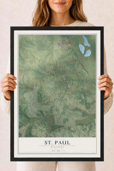 Map of St. Paul, Missouri, 18 x 24 inch print in a black wood frame