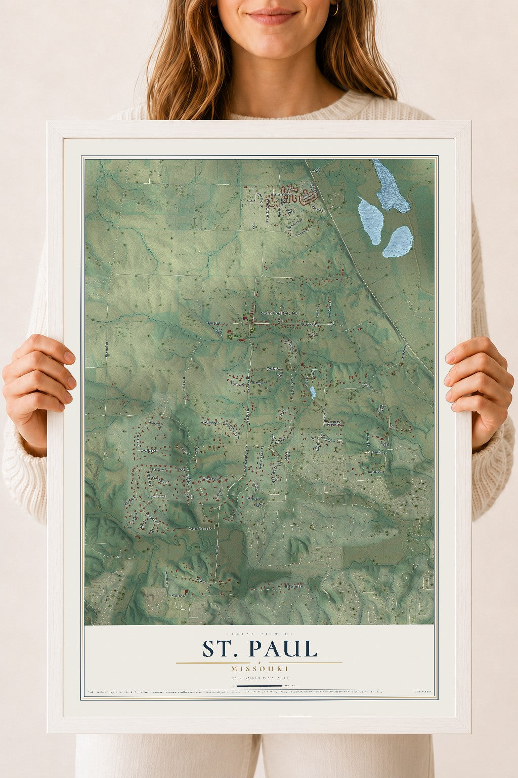 Map of St. Paul, Missouri, 18 x 24 inch print in a white wood frame