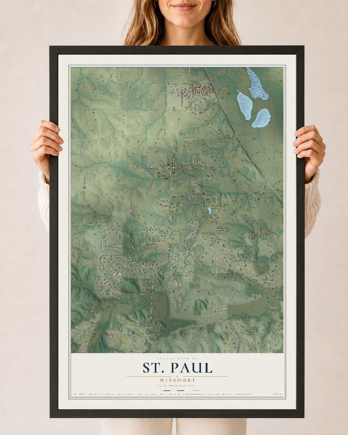 Map of St. Paul, Missouri, 24 x 36 inch print in a black wood frame