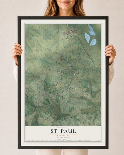 Map of St. Paul, Missouri, 24 x 36 inch print in a black wood frame