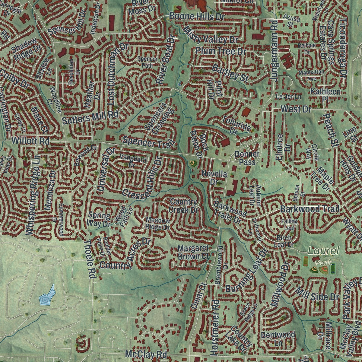 Close-up of the map of St. Peters, Missouri print showing street and building detail