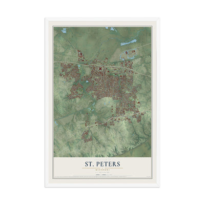 Map of St. Peters, Missouri, 12 x 18 inch print in a white wood frame