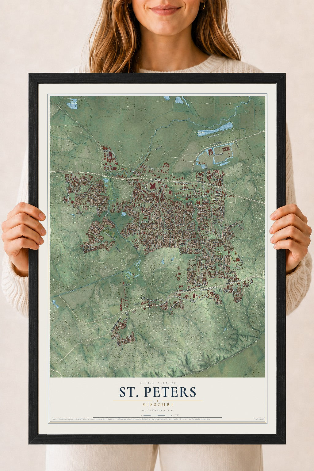 Map of St. Peters, Missouri, 18 x 24 inch print in a black wood frame