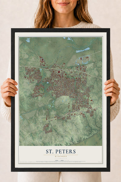 Map of St. Peters, Missouri, 18 x 24 inch print in a black wood frame