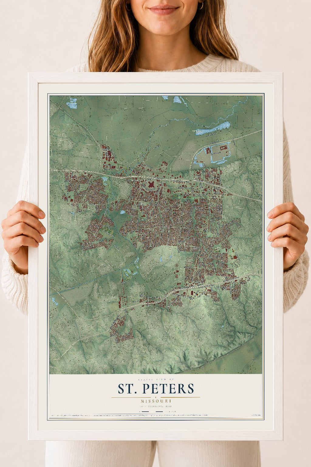 Map of St. Peters, Missouri, 18 x 24 inch print in a white wood frame