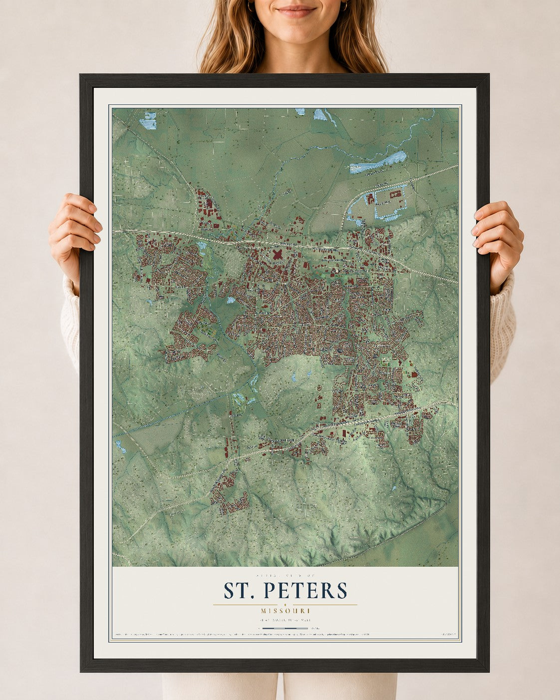 Map of St. Peters, Missouri, 24 x 36 inch print in a black wood frame