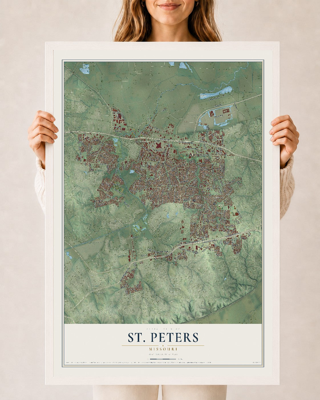 Map of St. Peters, Missouri, 24 x 36 inch print in a white wood frame