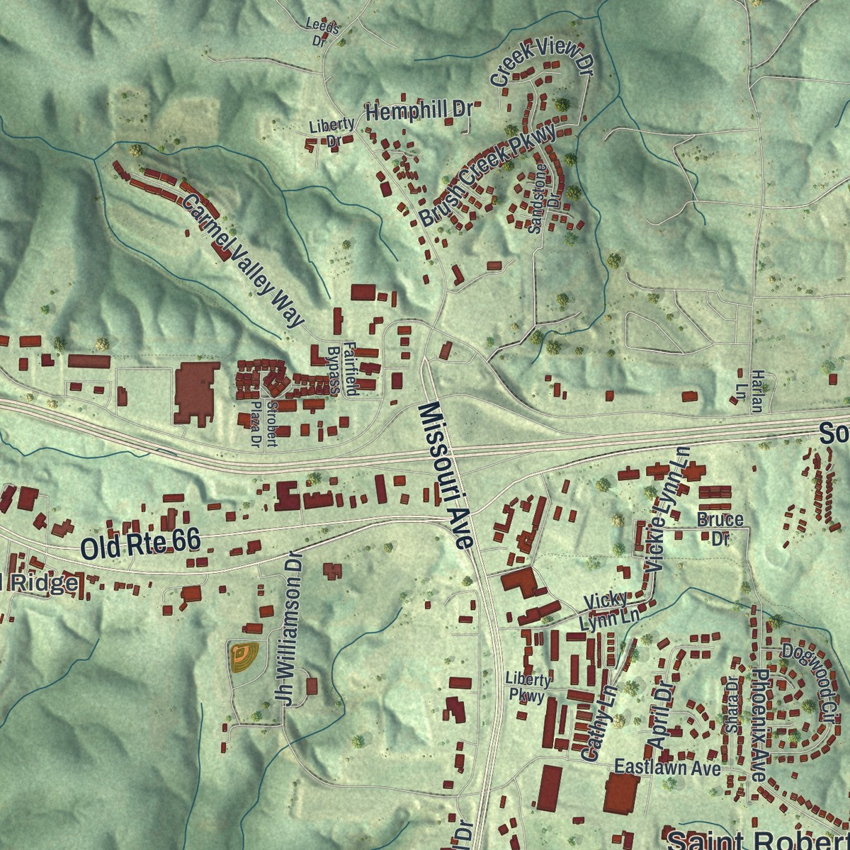 Close-up of the map of St. Robert, Missouri print showing street and building detail