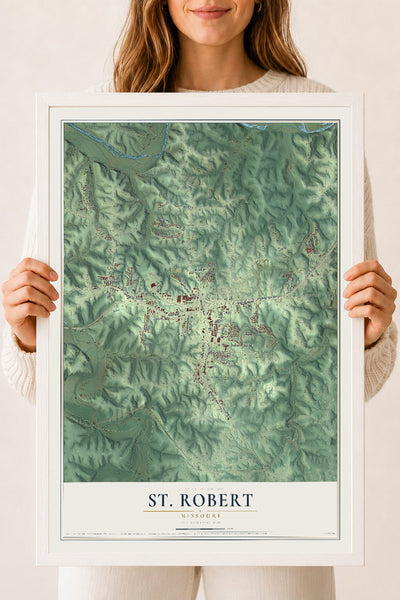 Map of St. Robert, Missouri, 18 x 24 inch print in a white wood frame