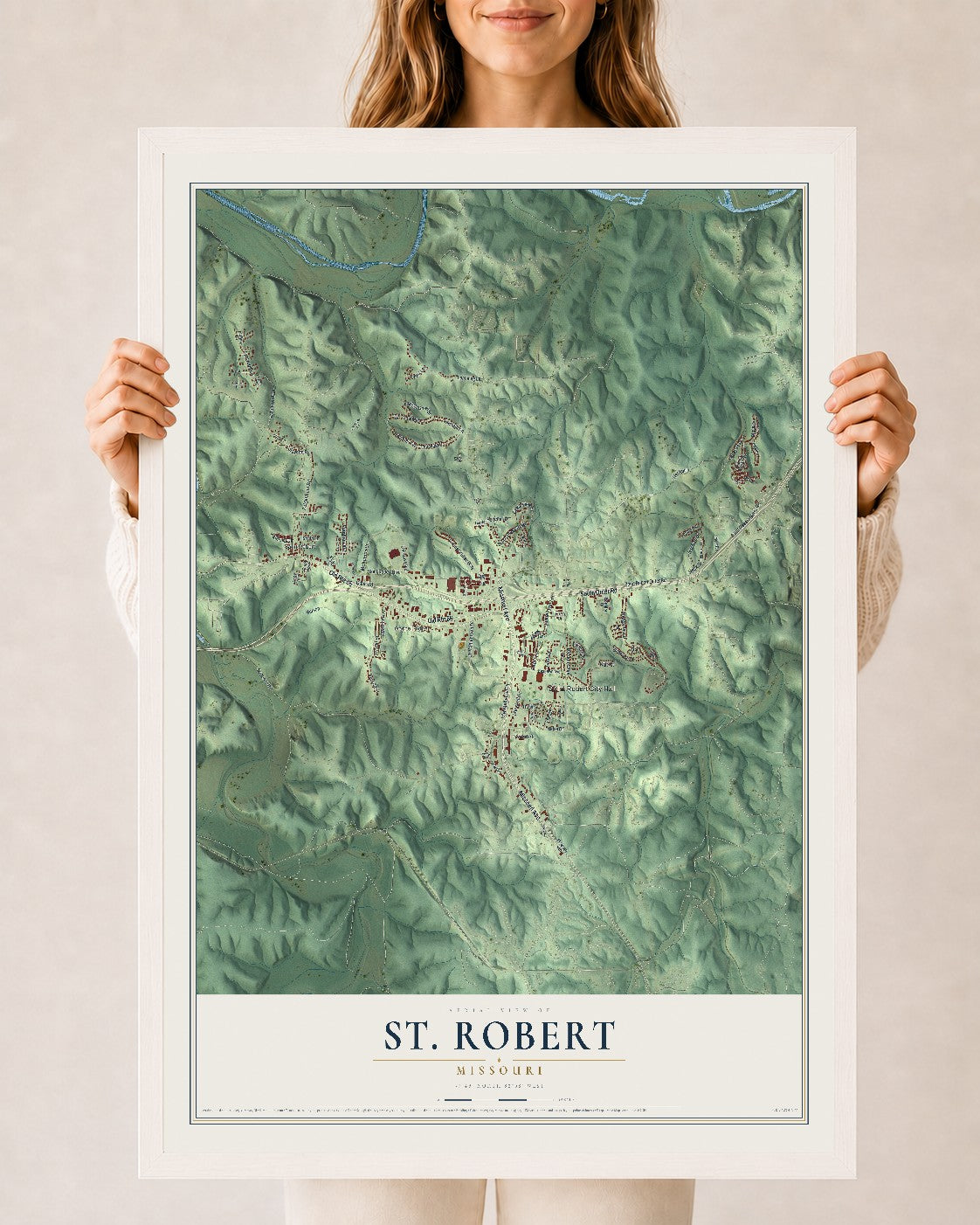 Map of St. Robert, Missouri, 24 x 36 inch print in a white wood frame