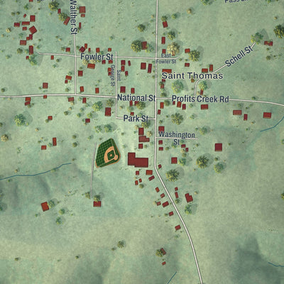 Close-up of the map of St. Thomas, Missouri print showing street and building detail