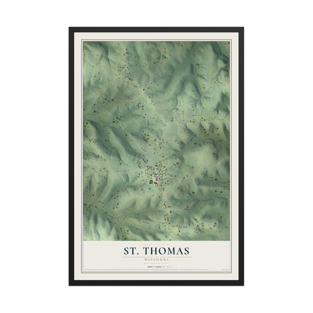 Map of St. Thomas, Missouri, 12 x 18 inch print in a black wood frame
