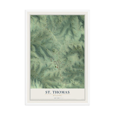 Map of St. Thomas, Missouri, 12 x 18 inch print in a white wood frame