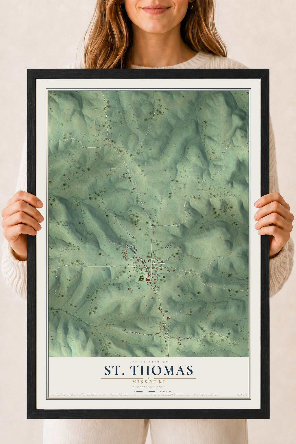 Map of St. Thomas, Missouri, 18 x 24 inch print in a black wood frame