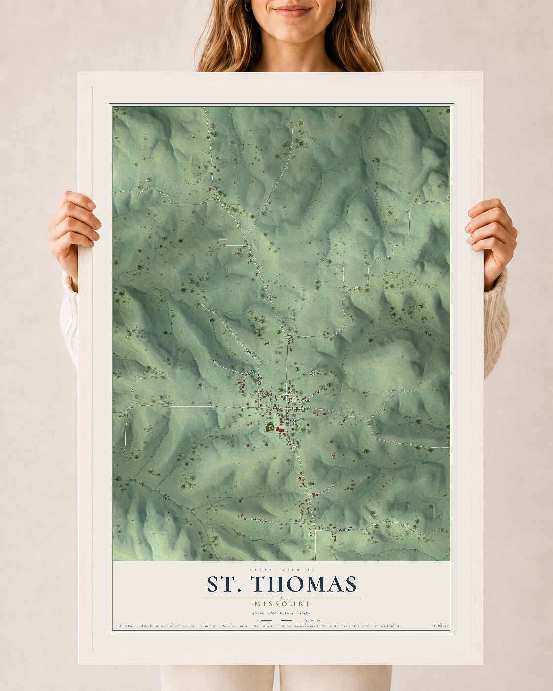 Map of St. Thomas, Missouri, 24 x 36 inch print in a white wood frame