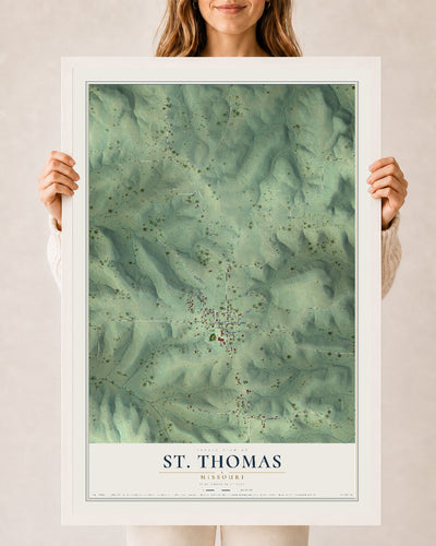 Map of St. Thomas, Missouri, 24 x 36 inch print in a white wood frame