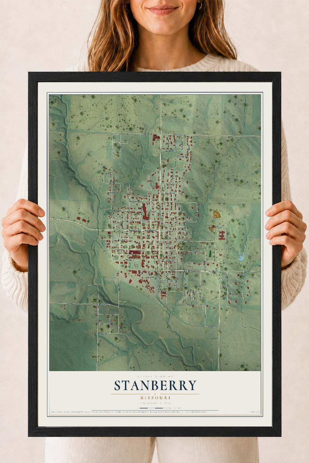 Map of Stanberry, Missouri, 18 x 24 inch print in a black wood frame