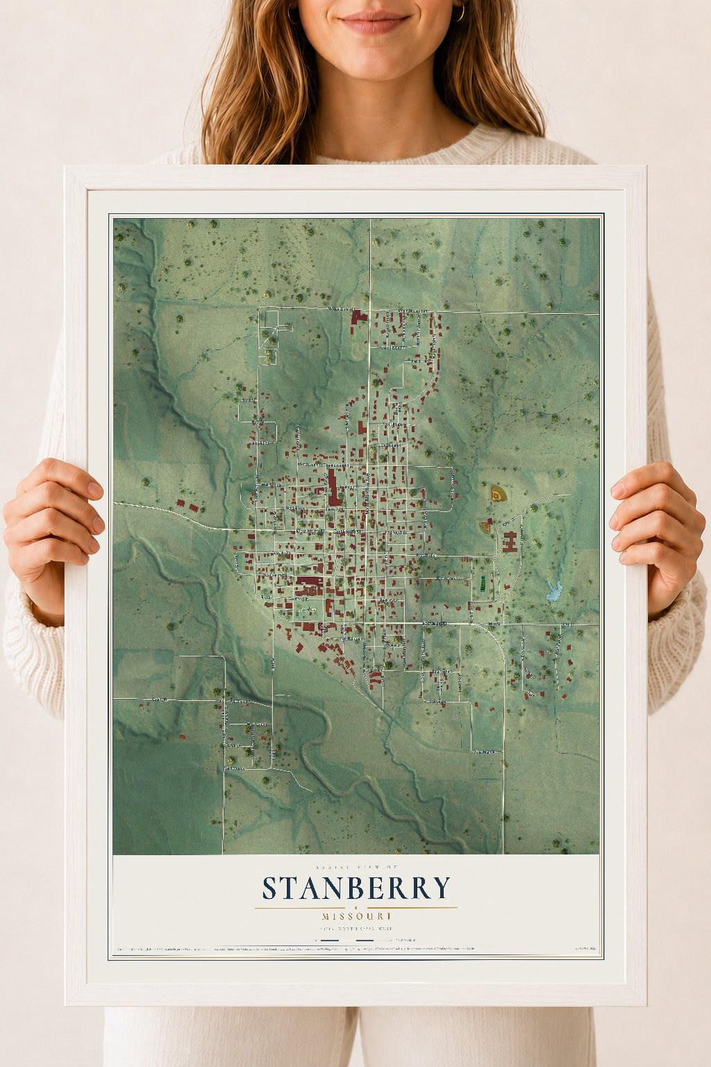 Map of Stanberry, Missouri, 18 x 24 inch print in a white wood frame