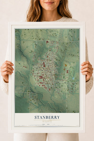 Map of Stanberry, Missouri, 18 x 24 inch print in a white wood frame