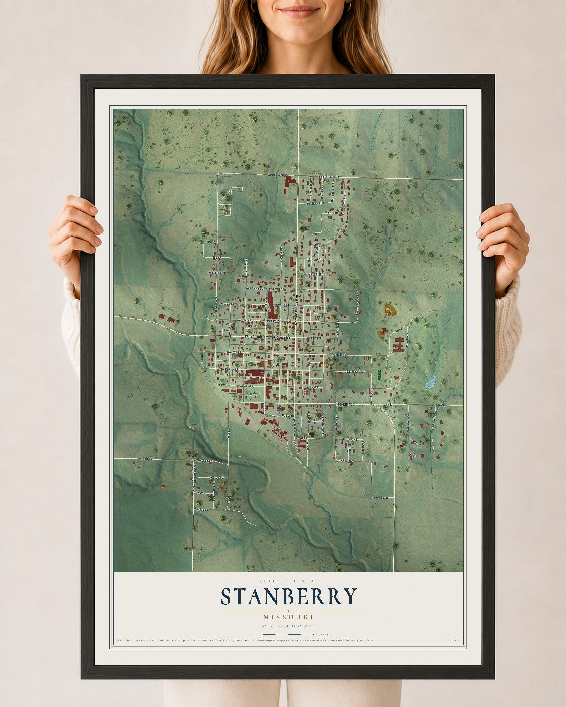 Map of Stanberry, Missouri, 24 x 36 inch print in a black wood frame