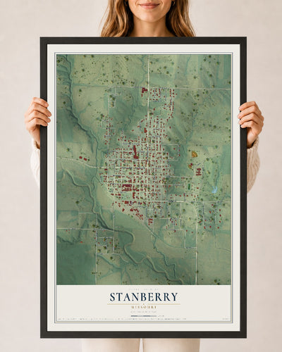 Map of Stanberry, Missouri, 24 x 36 inch print in a black wood frame