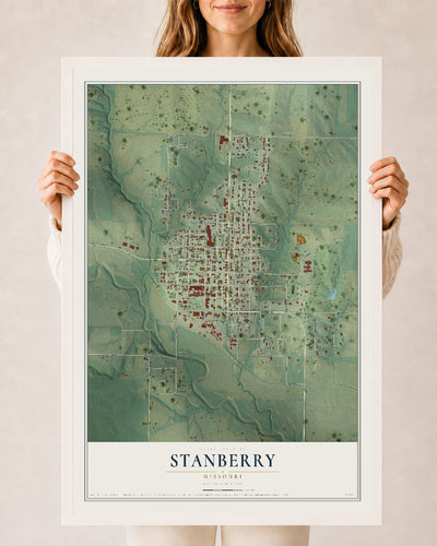 Map of Stanberry, Missouri, 24 x 36 inch print in a white wood frame