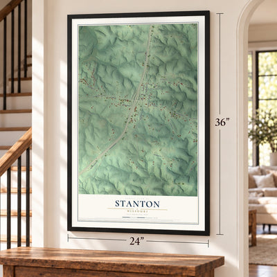 Stanton, Missouri map, 24 x 36 inch print in a black frame by a staircase