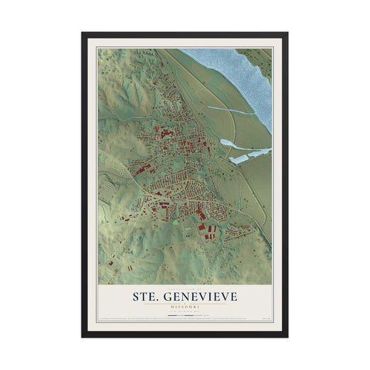 Map of Ste. Genevieve, Missouri, 12 x 18 inch print in a black wood frame
