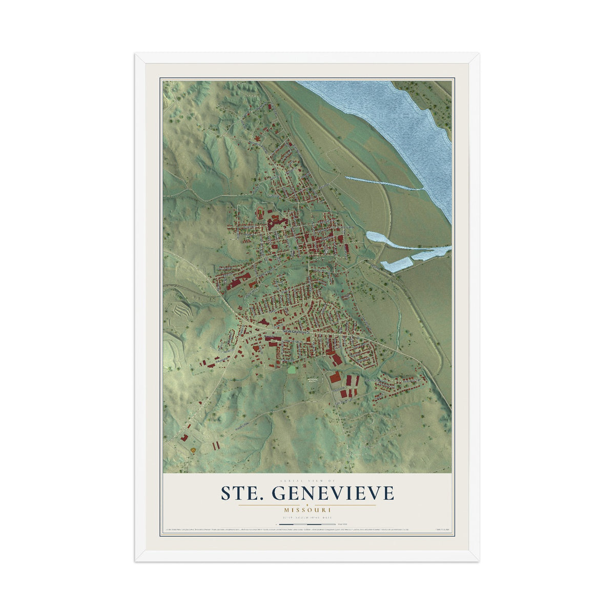 Map of Ste. Genevieve, Missouri, 12 x 18 inch print in a white wood frame