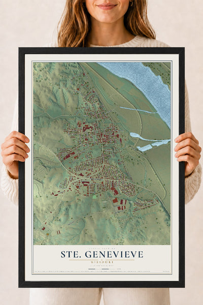 Map of Ste. Genevieve, Missouri, 18 x 24 inch print in a black wood frame