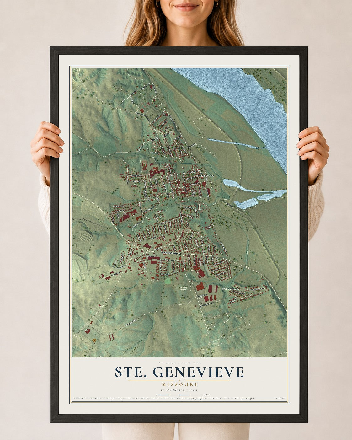 Map of Ste. Genevieve, Missouri, 24 x 36 inch print in a black wood frame