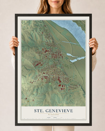 Map of Ste. Genevieve, Missouri, 24 x 36 inch print in a black wood frame