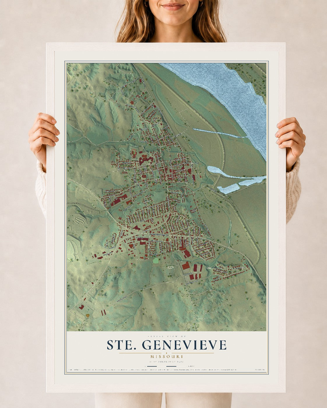 Map of Ste. Genevieve, Missouri, 24 x 36 inch print in a white wood frame