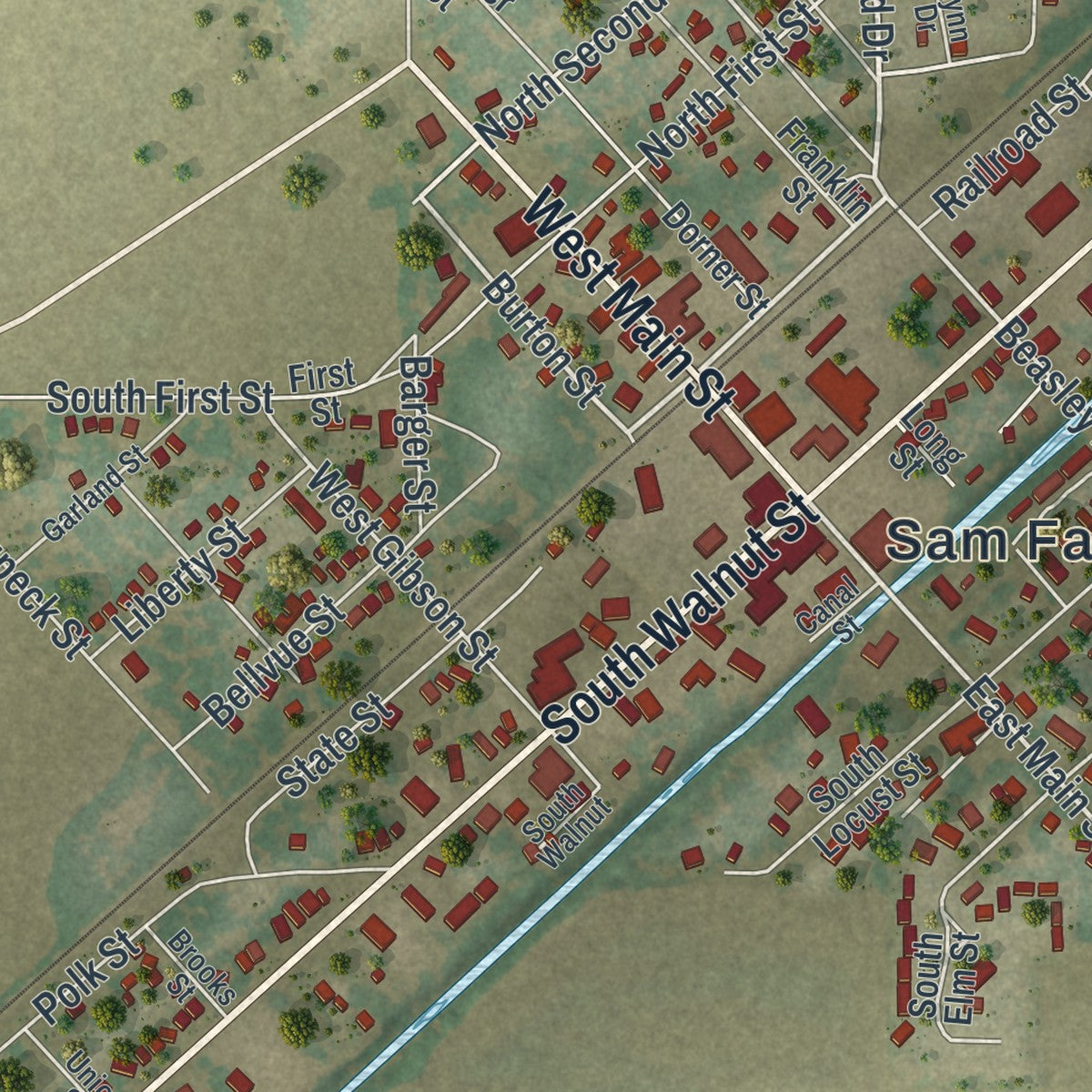 Close-up of the map of Steele, Missouri print showing street and building detail