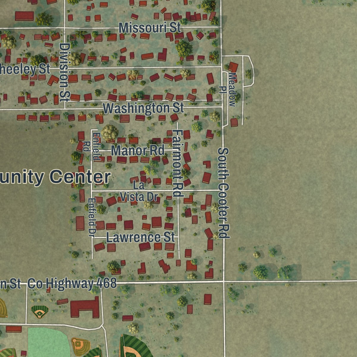 Second close-up of the map of Steele, Missouri print showing more streets and buildings