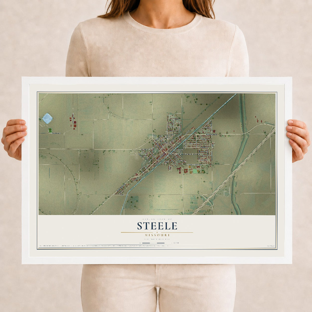 Map of Steele, Missouri, 12 x 18 inch print in a white wood frame