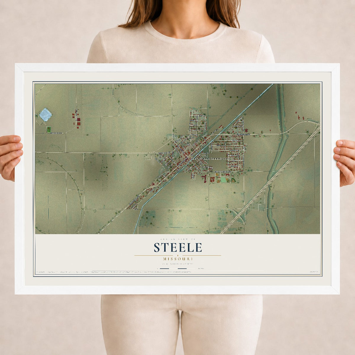 Map of Steele, Missouri, 18 x 24 inch print in a white wood frame