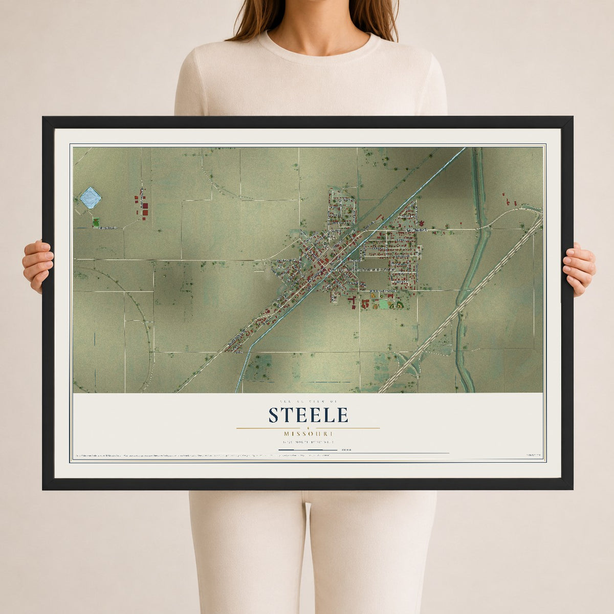Map of Steele, Missouri, 24 x 36 inch print in a black wood frame