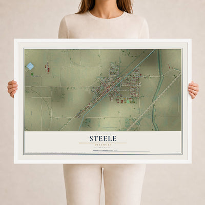 Map of Steele, Missouri, 24 x 36 inch print in a white wood frame