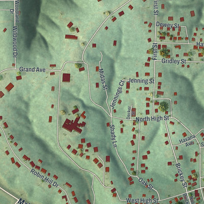 Close-up of the map of Steelville, Missouri print showing street and building detail