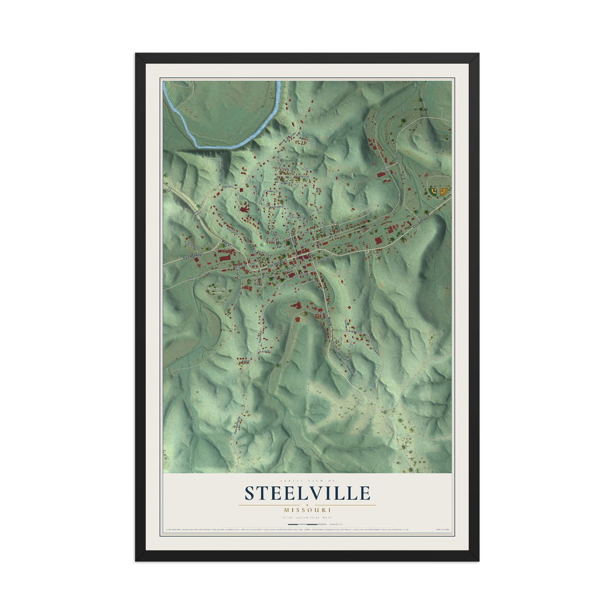Map of Steelville, Missouri, 12 x 18 inch print in a black wood frame