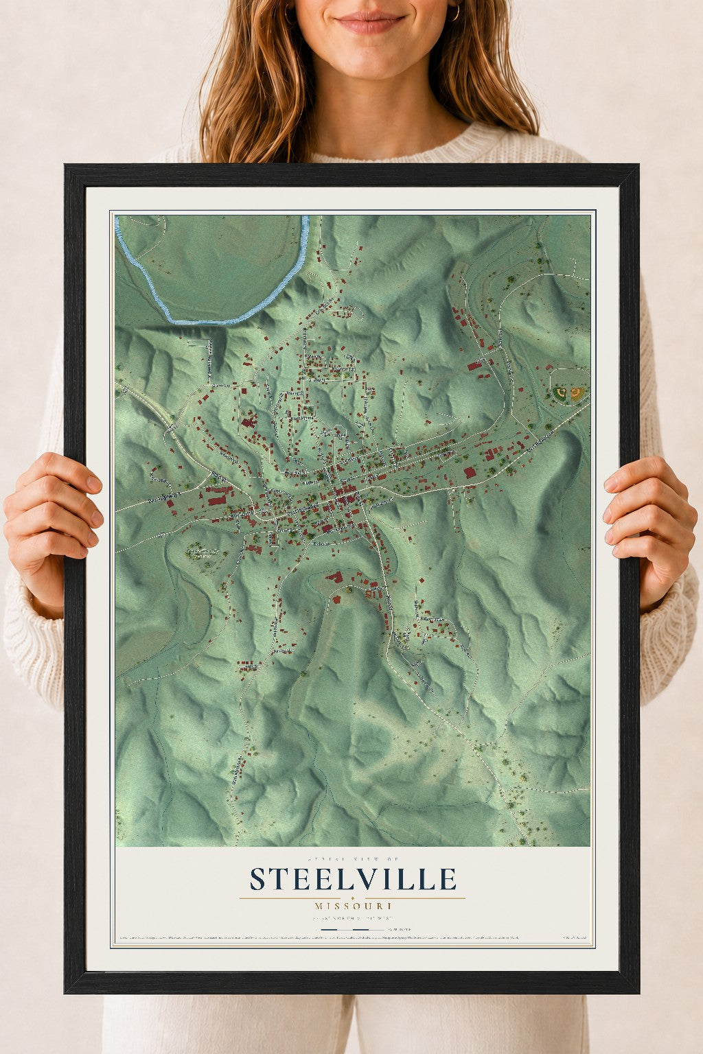 Map of Steelville, Missouri, 18 x 24 inch print in a black wood frame