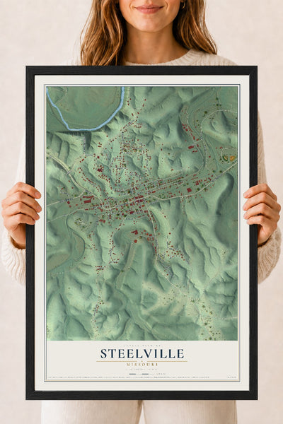 Map of Steelville, Missouri, 18 x 24 inch print in a black wood frame