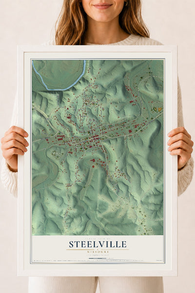 Map of Steelville, Missouri, 18 x 24 inch print in a white wood frame