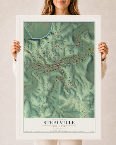 Map of Steelville, Missouri, 24 x 36 inch print in a white wood frame