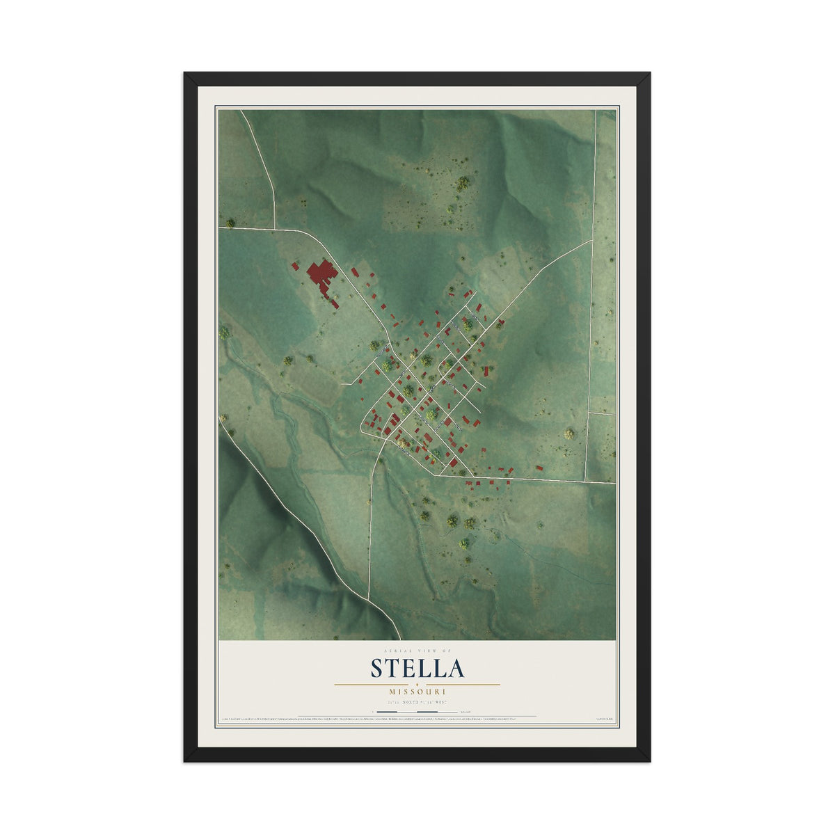 Map of Stella, Missouri, 12 x 18 inch print in a black wood frame