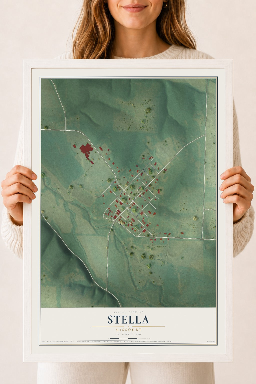 Map of Stella, Missouri, 18 x 24 inch print in a white wood frame
